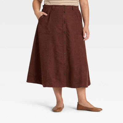 New - Women's Faux Suede Midi A-Line Skirt - Universal Thread™ Brown 30
