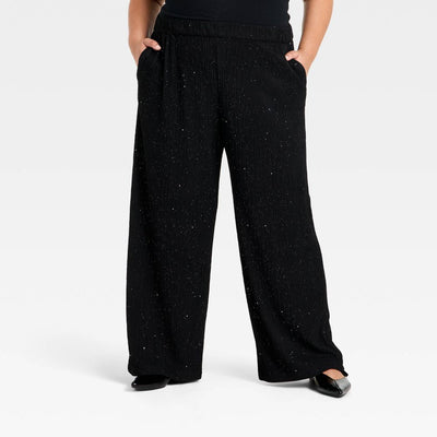 New - Women's High-Rise Sparkle Wide Leg Pull-On Pants - Ava & Viv™ Black XXL
