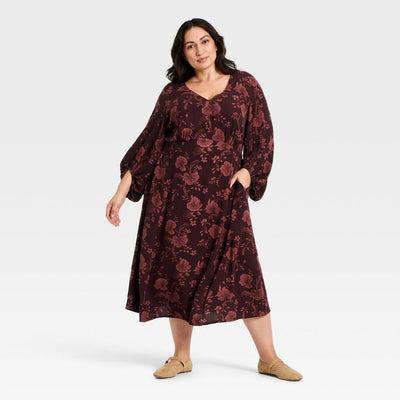 Open Box - Women's Bishop Long Sleeve Midi A-Line Dress - Ava & Viv™ Burgundy Floral 2X