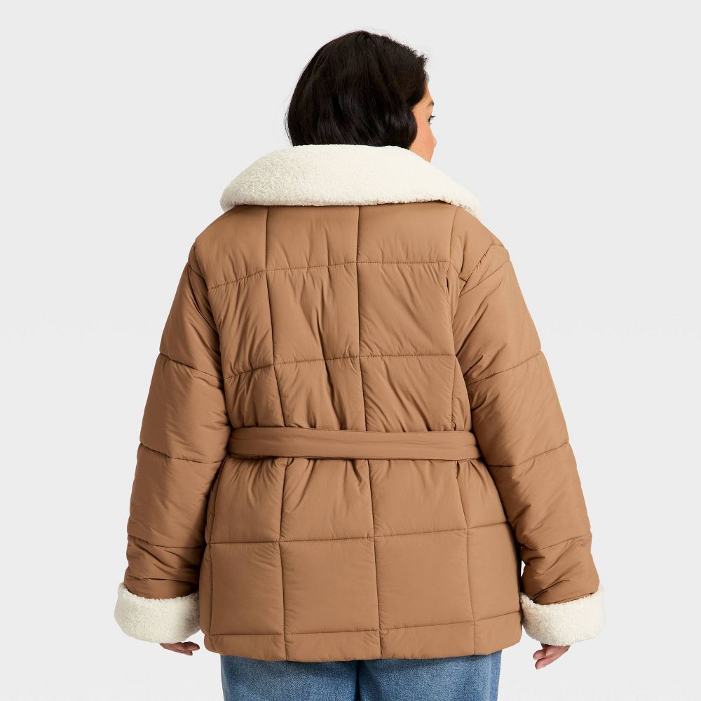 Open Box - Women's Belted Faux Shearling Puffer Jacket - Ava & Viv™ Tan 1X