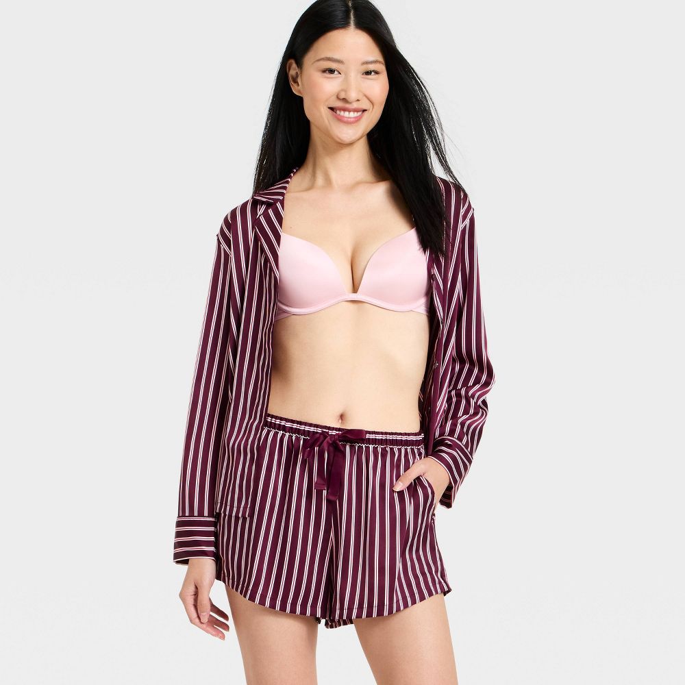 New - Women's Luxury Collection Satin Notch Collar Long Sleeve Shirt and Shorts Pajama Set - Auden™ Mulberry Striped S