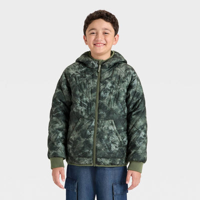 New - Boys' Denoeye Printed Hooded Reversible Puffer - Cat & Jack™ Olive Green XS