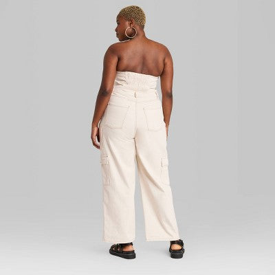 New - Wild Fable Women's Tube Cargo Denim Jumpsuit Bandeau Strapless Off-The-Shoulder Wild FableBullseye Deals