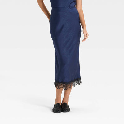 New - Women's Lace Trim Midi Skirt - A New Day™ Navy Blue S