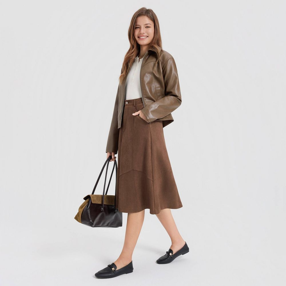 New - Women's Faux Suede Midi A-Line Skirt - Universal Thread™ Brown M