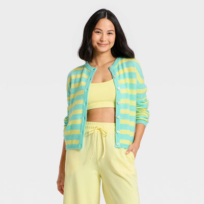 New - Women's Button-Up Cardigan Sweater - JoyLab™ Aqua Blue/Yellow Stripe M