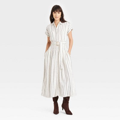 New - Women's Short Sleeve Belted Midi Shirtdress - Universal Thread Universal ThreadBullseye Deals