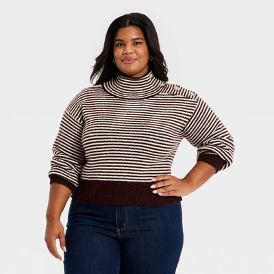 New - Women's Mock Turtleneck Button Pullover Sweater - Universal Thread™ Burgundy Striped XXL