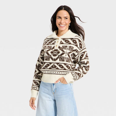 Open Box - Women's Fairisle Henley Shawl Sweater - Universal Thread™ Brown XL