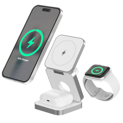 New - Just Wireless 3-in-1 Magnetic Collapsible Wireless Charger - White: USB-C, 15W Output, MagSafe Compatible