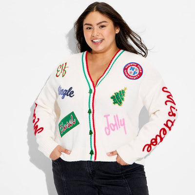 New - Women's Holiday Patchwork Festive Graphic Cardigan - Cream 2X