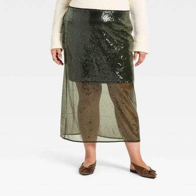 Open Box - Women's Sequin Midi Skirt - A New Day™ Olive Green XXL