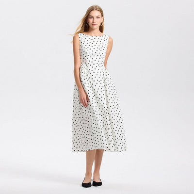 New - Women's Cap Sleeve Gathered Waist Midi A-Line Dress - A New Day™ Cream Dots L