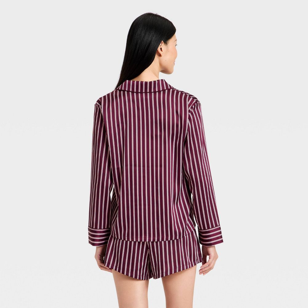 New - Women's Luxury Collection Satin Notch Collar Long Sleeve Shirt and Shorts Pajama Set - Auden™ Mulberry Striped S