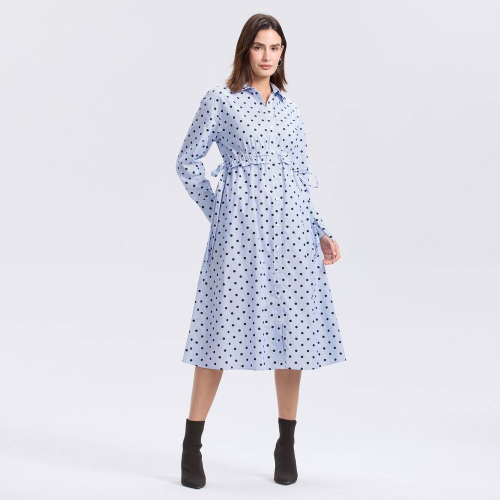 New - Women's Long Sleeve Midi Shirtdress - A New Day™ Blue Striped/Dots S