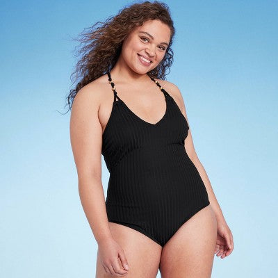 New - Shade & Shore Women's One Piece Swimsuit Lace Up Back Bead Detail Shade & ShoreBullseye Deals