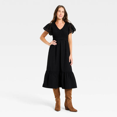 New - Women's Flutter Short Sleeve Smocked Midi A-Line Dress - Universal Thread™ Black M