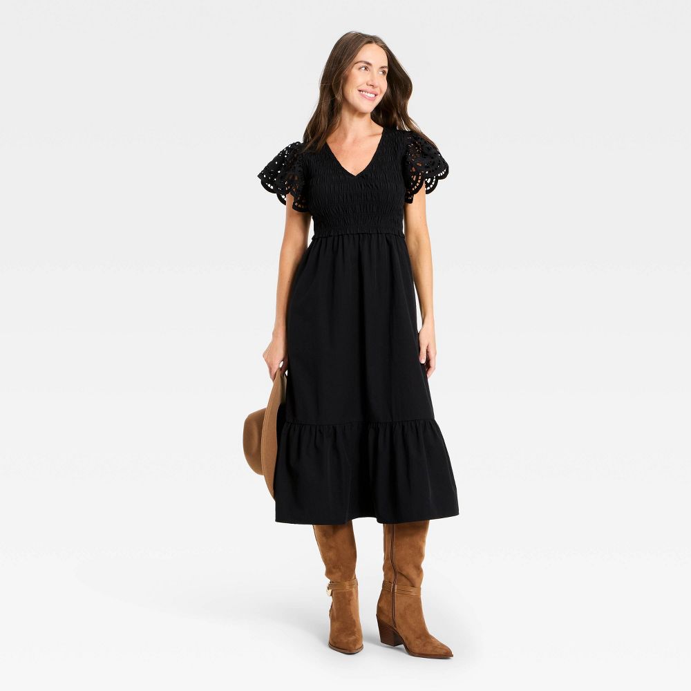 New - Women's Flutter Short Sleeve Smocked Midi A-Line Dress - Universal Thread™ Black M