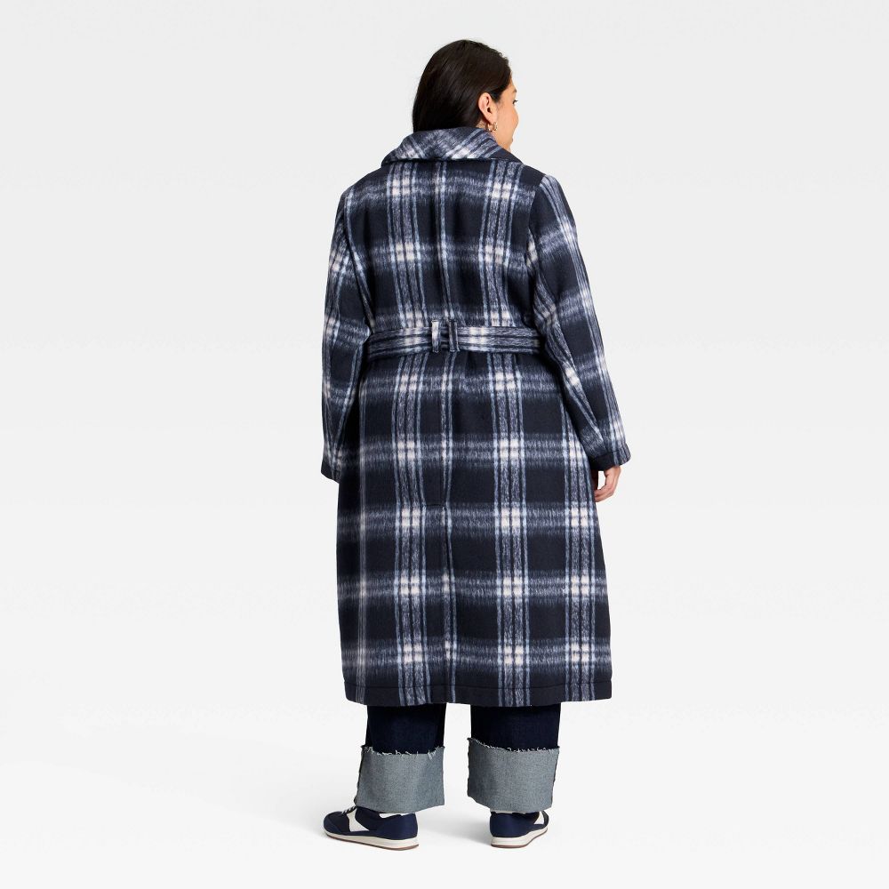New - Women's Belted Coat - Ava & Viv™ Navy Blue Plaid 3X