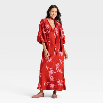 New - Women's Tie Neck Maxi Dress - A New Day™ Red Floral XS