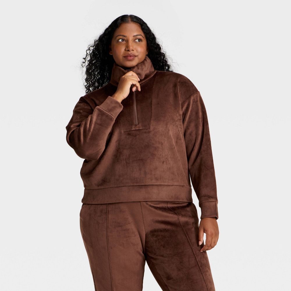 New - Women's Velour Ribbed 1/2 Zip Sweatshirt - All In Motion™ Brown 1X