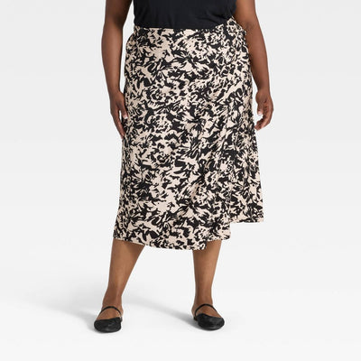 New - Women's Midi Wrap Skirt - Ava & Viv™ Black Abstract XXL