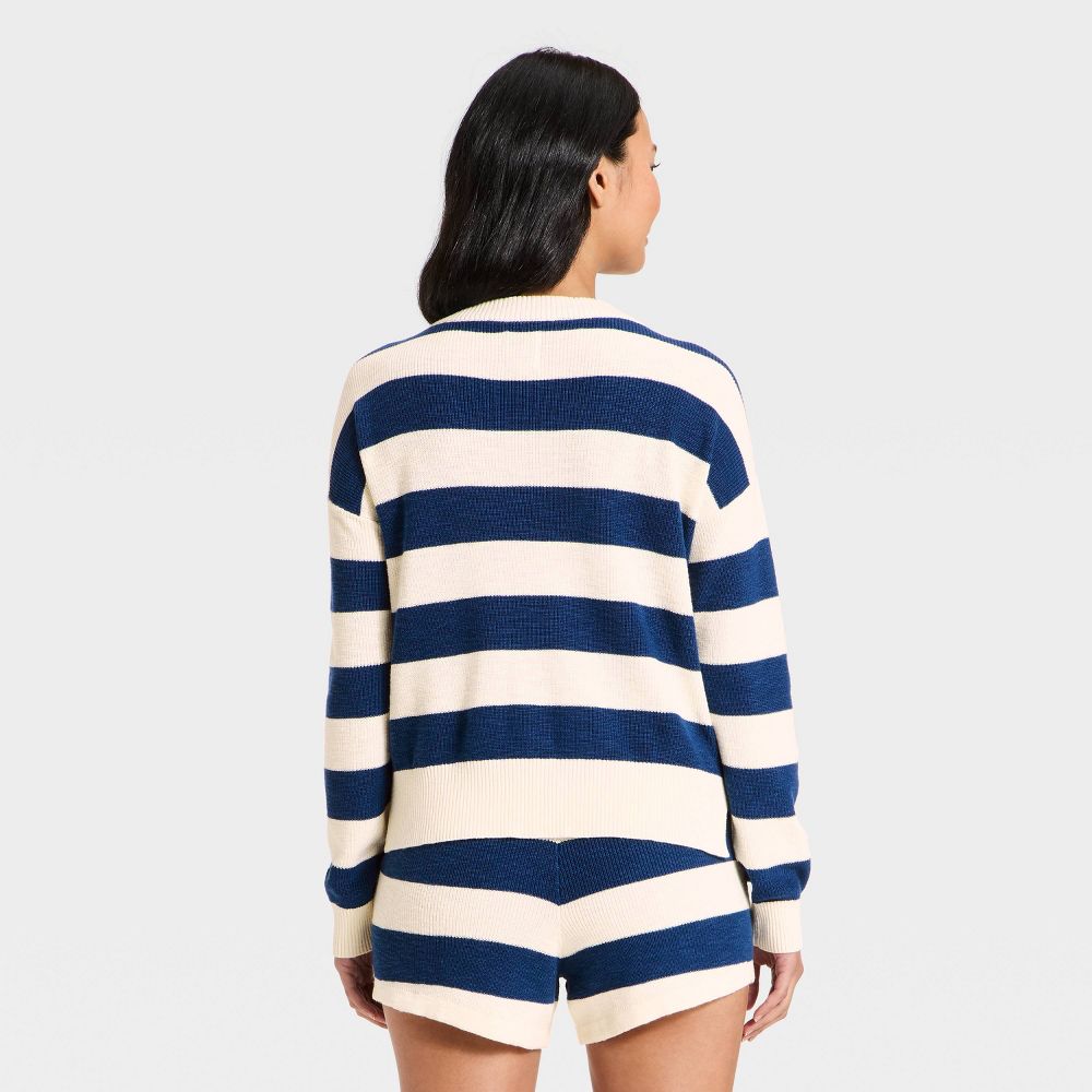 New - Women's Striped V-Neck Sweater Top - JoyLab™ Navy Blue/Cream Stripe L