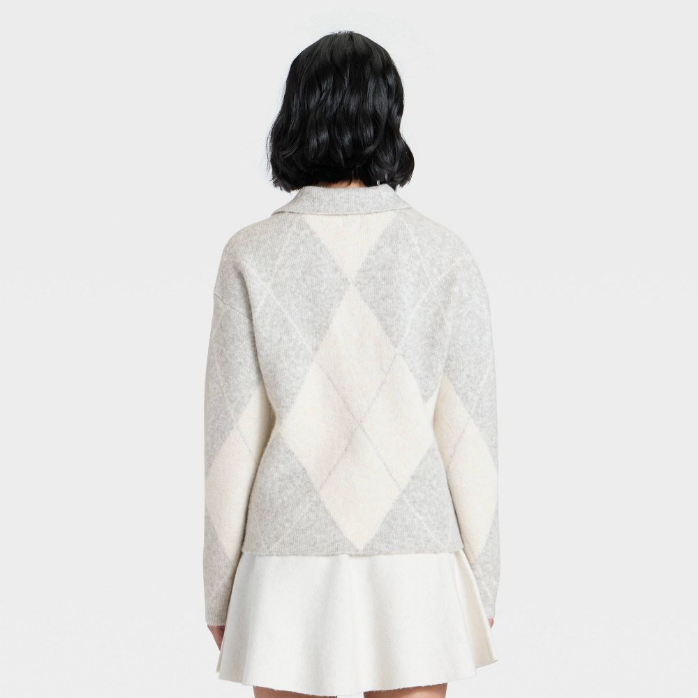 Open Box - Women's Cozy Knit Polo - A New Day™ Gray/Cream Argyle XL
