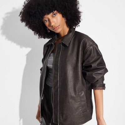 New - Women's Faux Leather Oversized Bomber Jacket - Wild Fable Wild FableBullseye Deals