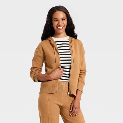 New - Women's Hooded Zip-Up Sweater - A New Day™ Brown M