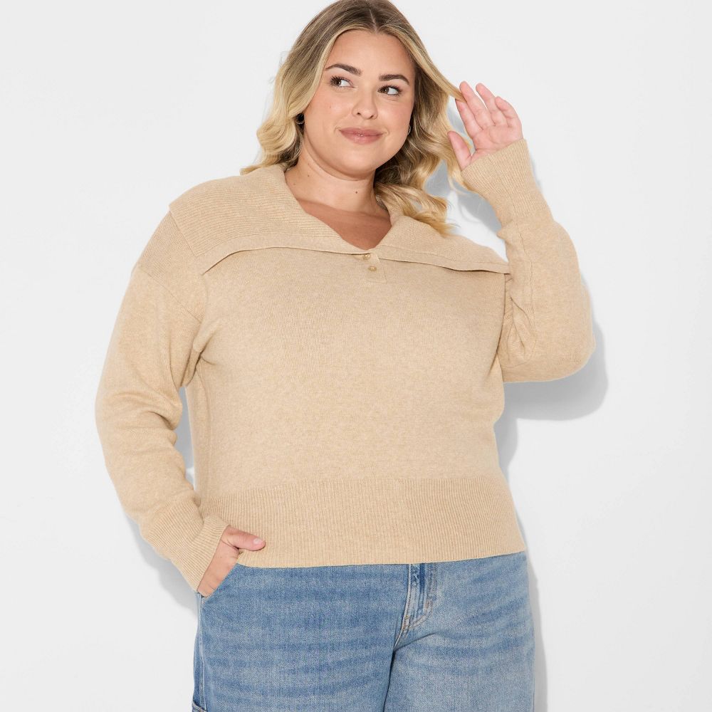 New - Women's Button-Down Collar Henley Sweater - Wild Fable™ Tan 3X