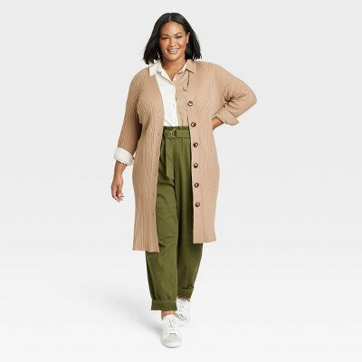 New - Ava & Viv Women's Plus Button Down Rib Duster Cardigan Side Vent Ribbed Ava & VivBullseye Deals