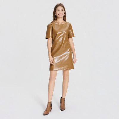 New - Women's Short Sleeve Faux Leather Mini Shift Dress - A New Day™ Caramel XS