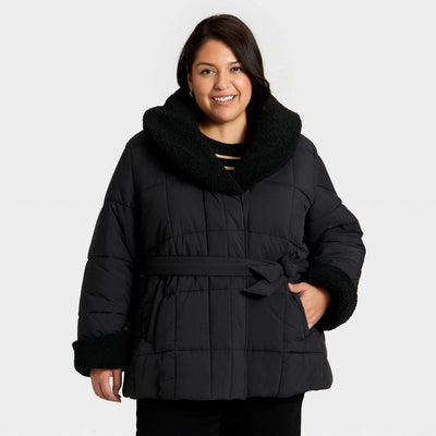 Open Box - Women's Belted Faux Shearling Puffer Jacket - Ava & Viv™ Black 3X