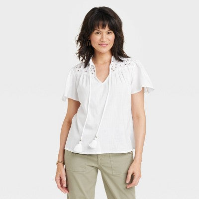 New - Women's Short Sleeve V-Neck Woven Eyelet Top - Knox Rose Knox RoseBullseye Deals