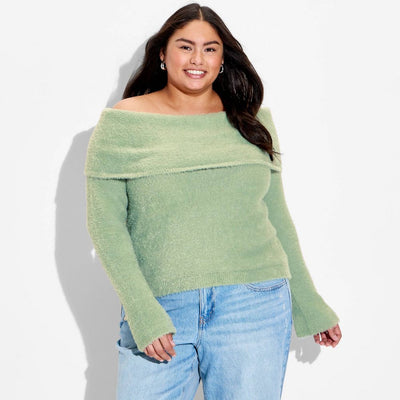 New - Women's Off the Shoulder Pullover Sweater - Wild Fable™ Sage Green XXL