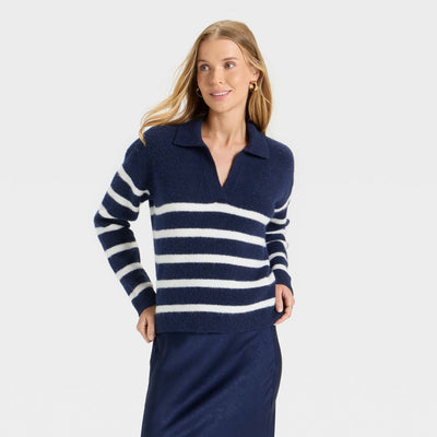 Open Box - Women's Cozy Knit Polo Sweater - A New Day™ Navy Striped S