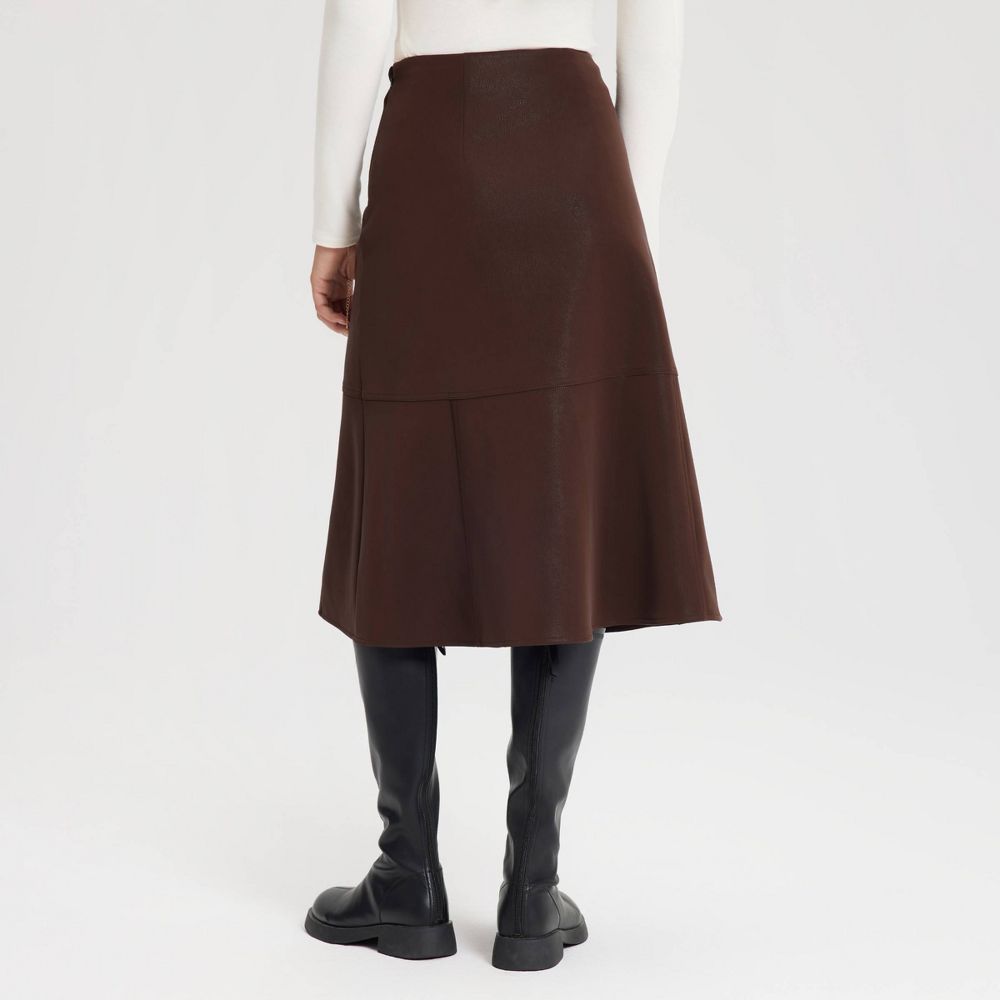 New - Women's Faux Leather Fit & Flare Midi A-Line Skirt - A New Day™ Chocolate 12