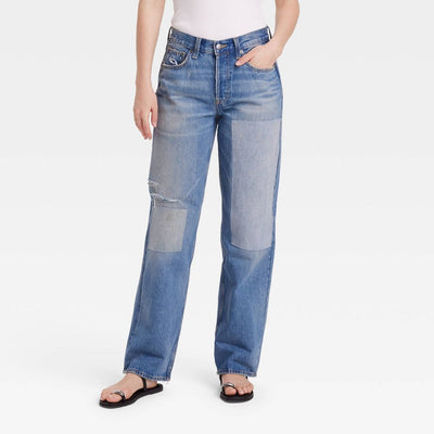 New - Women's Mid-Rise Patchwork 90's Baggy Jeans - Universal Thread™ Blue 8: Relaxed Fit, Denim, 32" Inseam