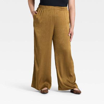 New - Women's Crinkled Satin Pull-On Pants - A New Day™ Brown XXL