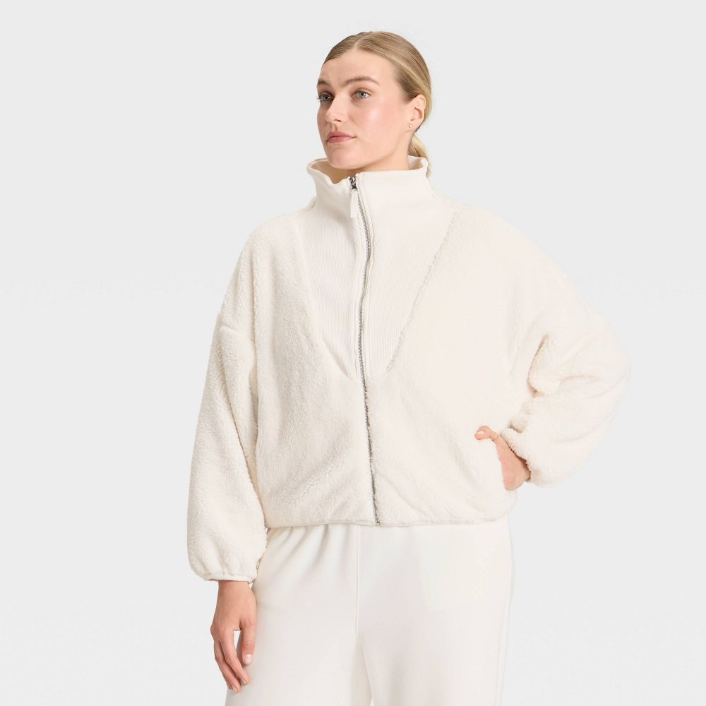 New - Women's High Pile & Ribbed Mix Jacket - All In Motion™ Cream L