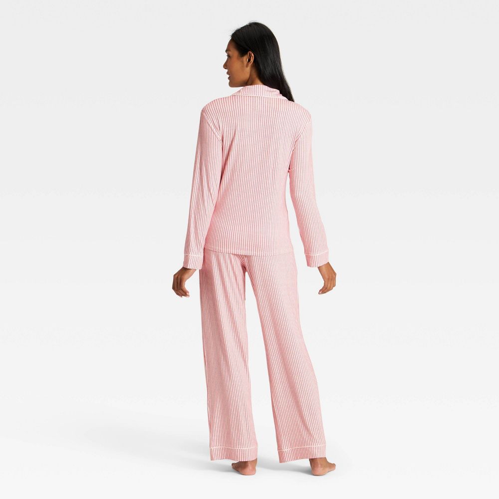 New - Women's Cloud Knit Modal Long Sleeve Notch Collar Top and Pants Pajama Set - Auden™ Red & White Stripe XXL