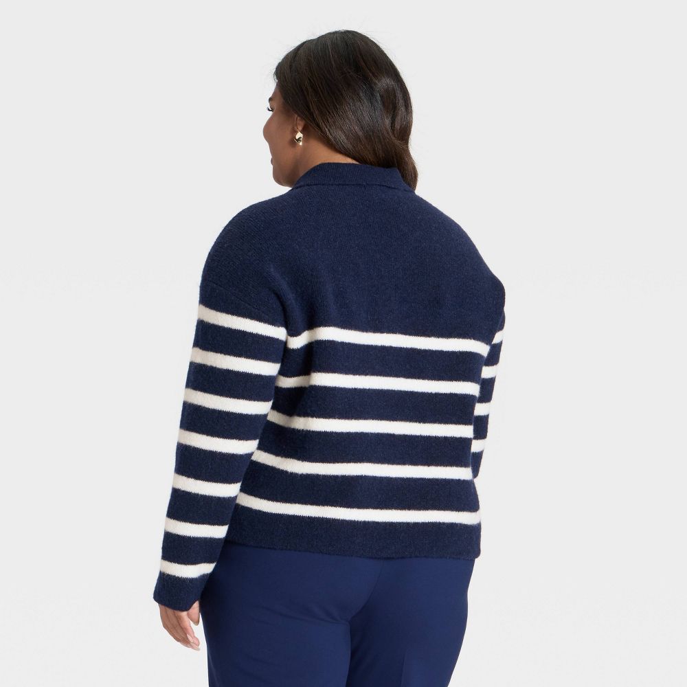 Open Box - Women's Cozy Knit Polo Sweater - A New Day™ Navy Striped 2X