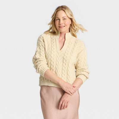 New - Women's Long Sleeve Split Neck Cable Pullover Sweater - A New Day™ Cream L