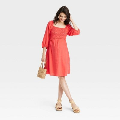 New - Isabel Maternity Women's Linen Midi Maternity Dress Puff Elbow Sleeve Isabel Maternity by Ingrid & IsabelBullseye Deals
