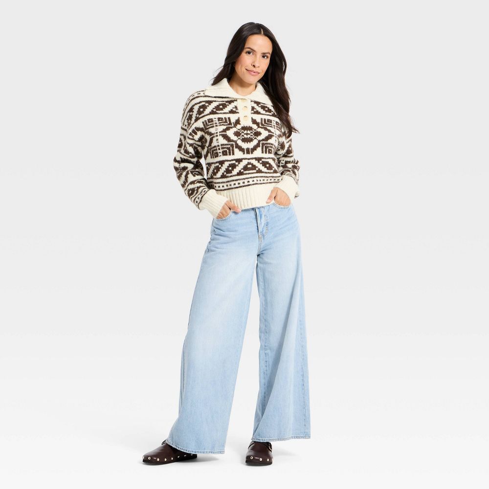 New - Women's Fairisle Henley Shawl Sweater - Universal Thread™ Brown XL