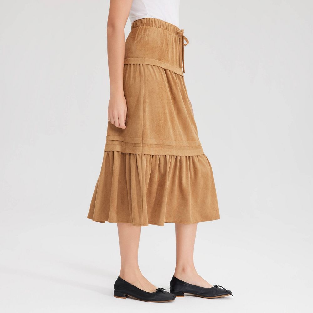 New - Women's Faux Suede Tiered Midi A-Line Skirt - Universal Thread™ Camel XXL