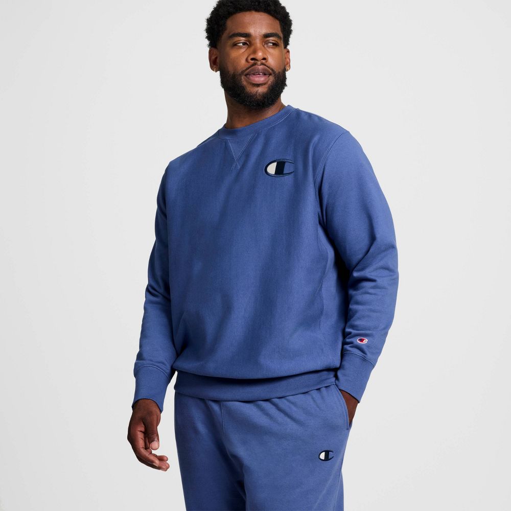 New - Champion Adult Sizing Iconic Embroidered Crewneck Sweatshirt - Gray Blue S