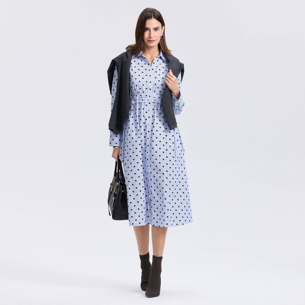 New - Women's Long Sleeve Midi Shirtdress - A New Day™ Blue Striped/Dots L