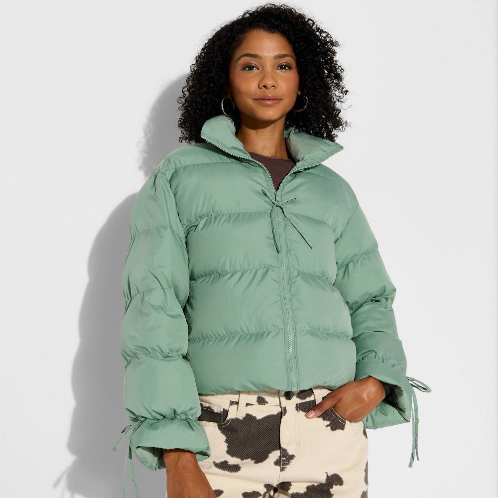 New - Women's Bow Puffer Jacket - Wild Fable™ Green M